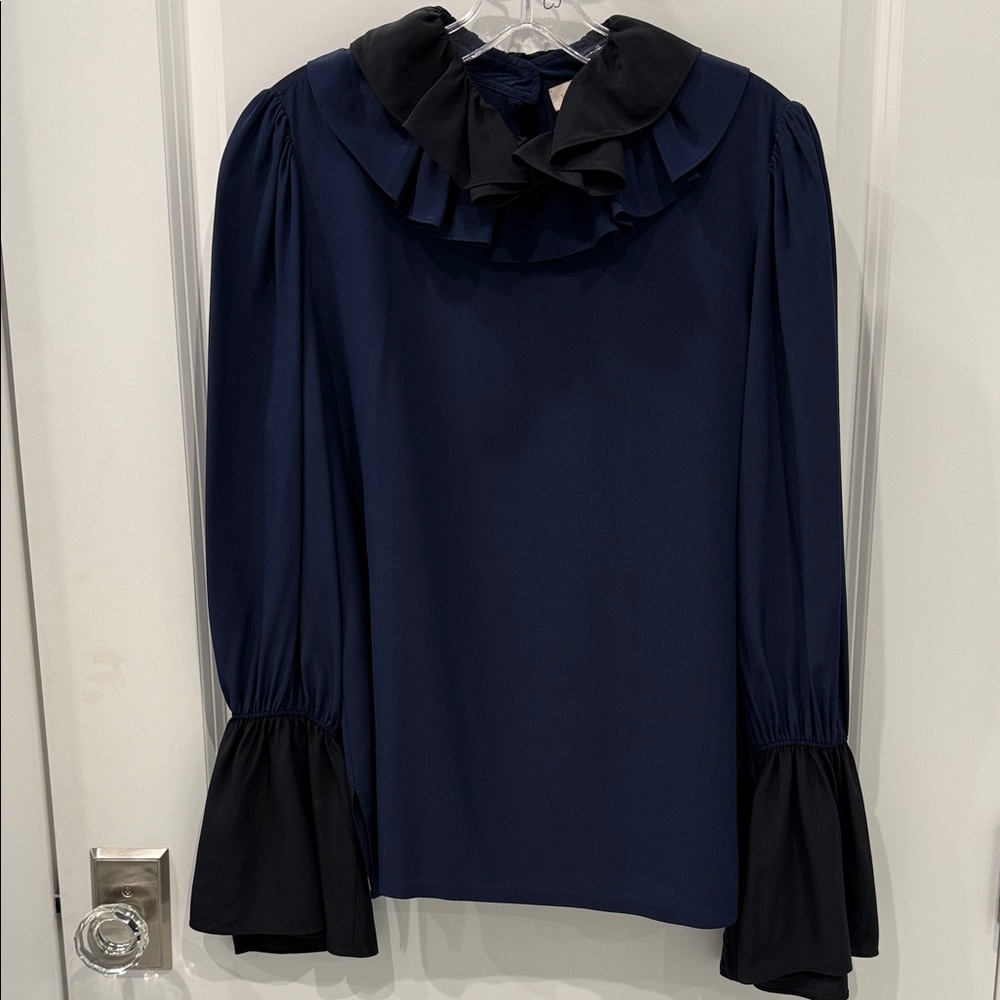 Tory Burch Midnight Blue Blouse with Ruffle Black Accent Collar